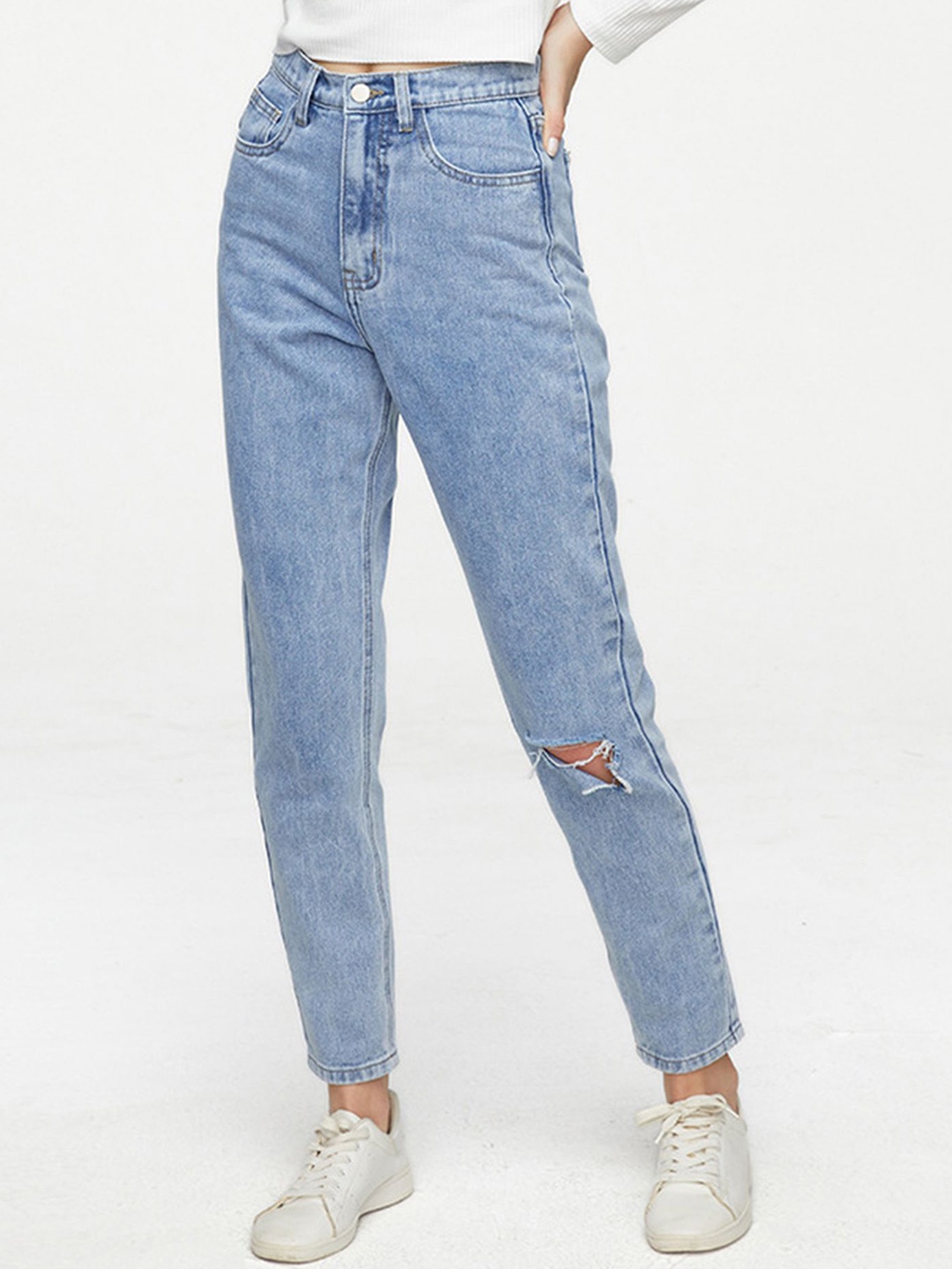 

LULU & SKY Women Tapered Fit Mildly Distressed Light Fade Jeans, Blue