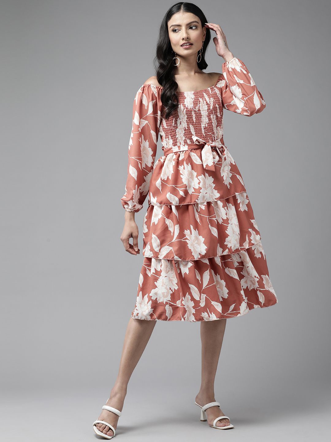 

BAESD Floral Print Georgette Peplum Dress, Brown