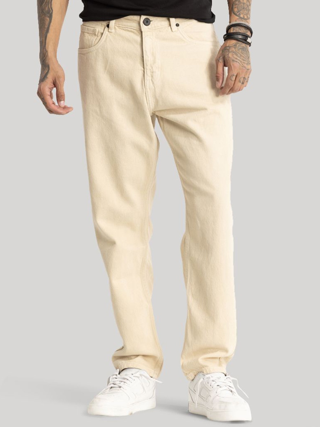 

Snitch Men Mid-Rise Loose Relaxed Fit Stretchable Jeans, Beige