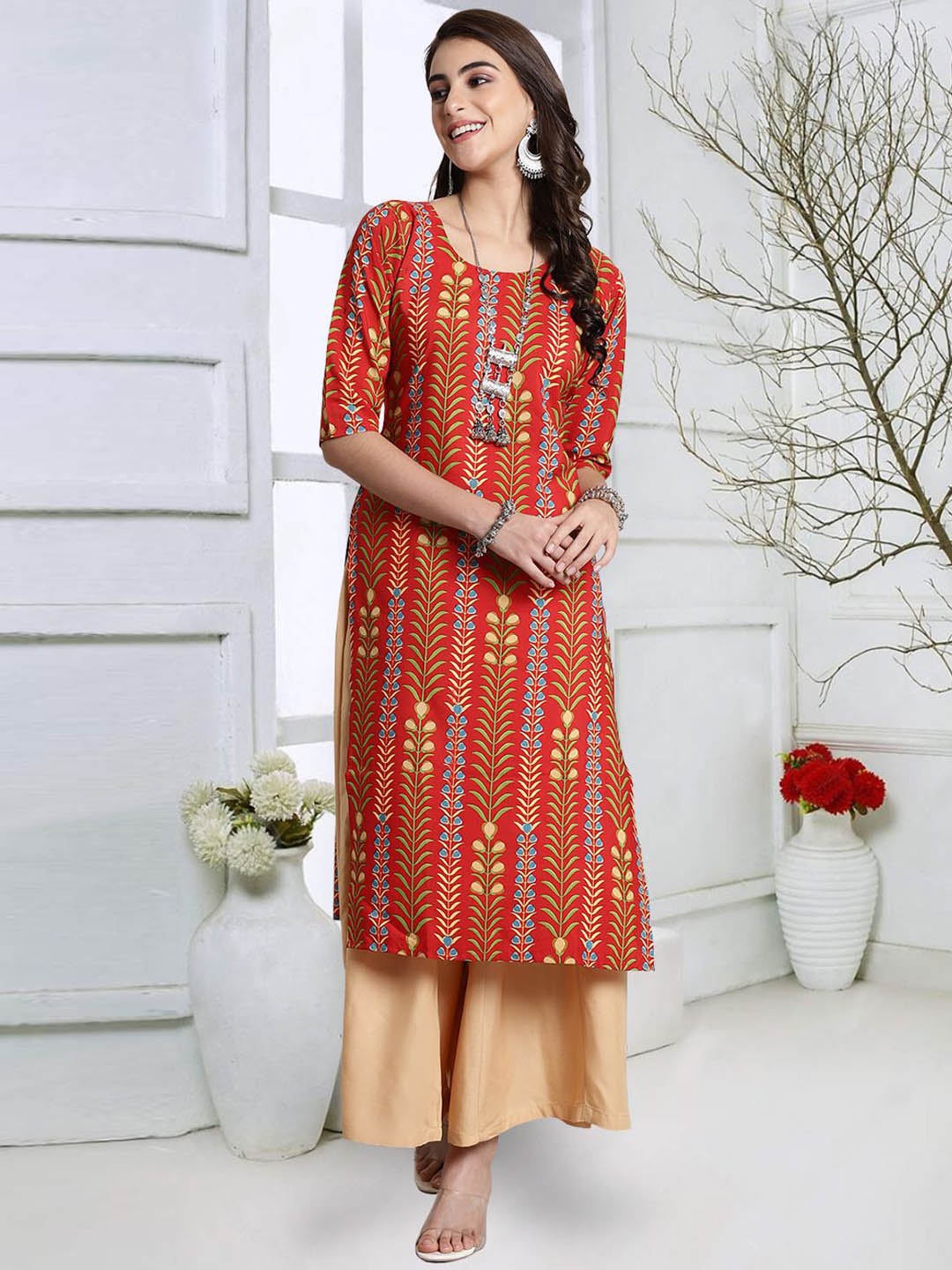

7Threads Women Geometric Dyed Keyhole Neck Sequinned Floral Crepe Kurta, Multi