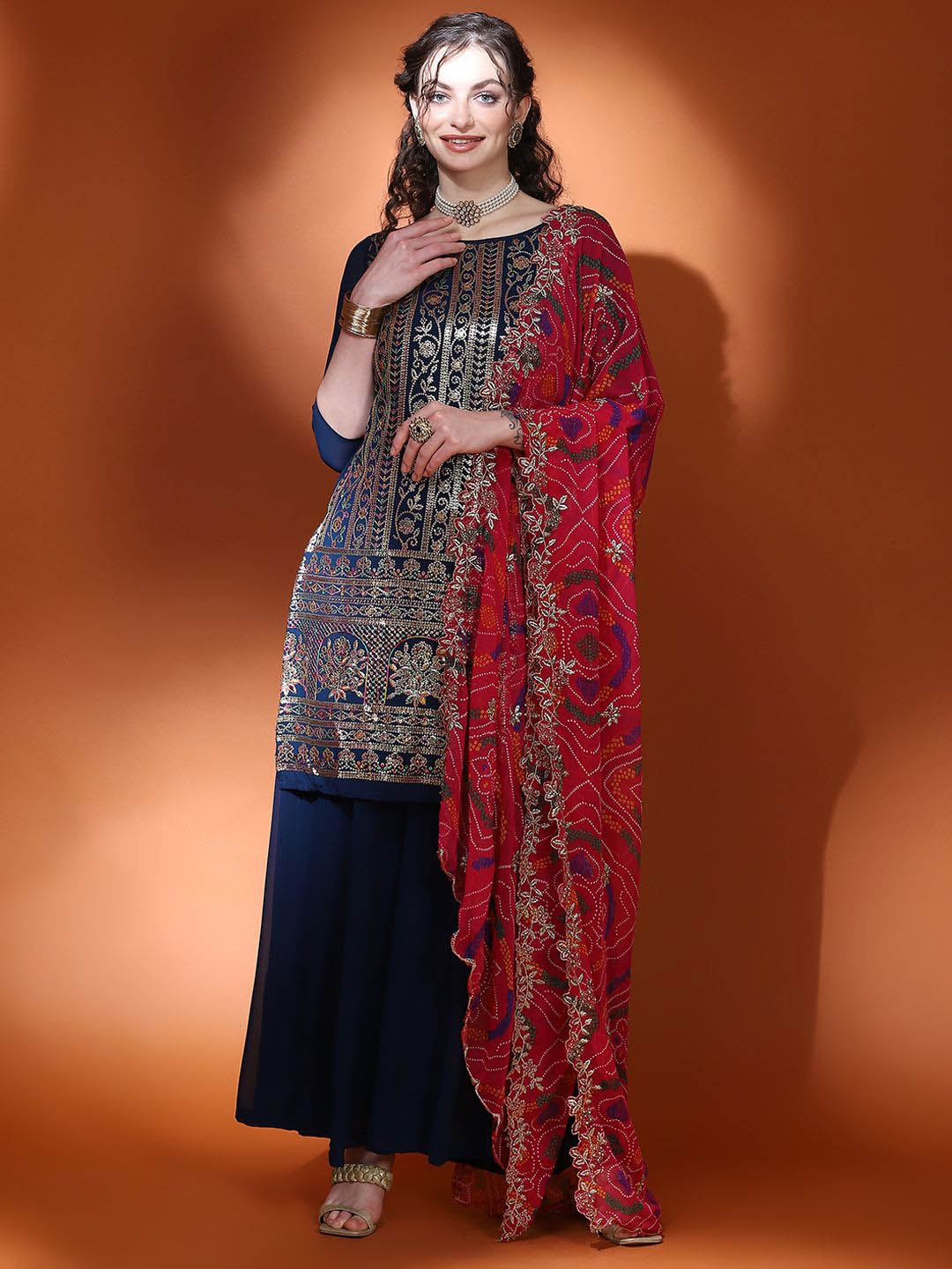 

Anouk Women Paisley Regular Sequinned Kurta with Palazzos & With Dupatta, Navy blue