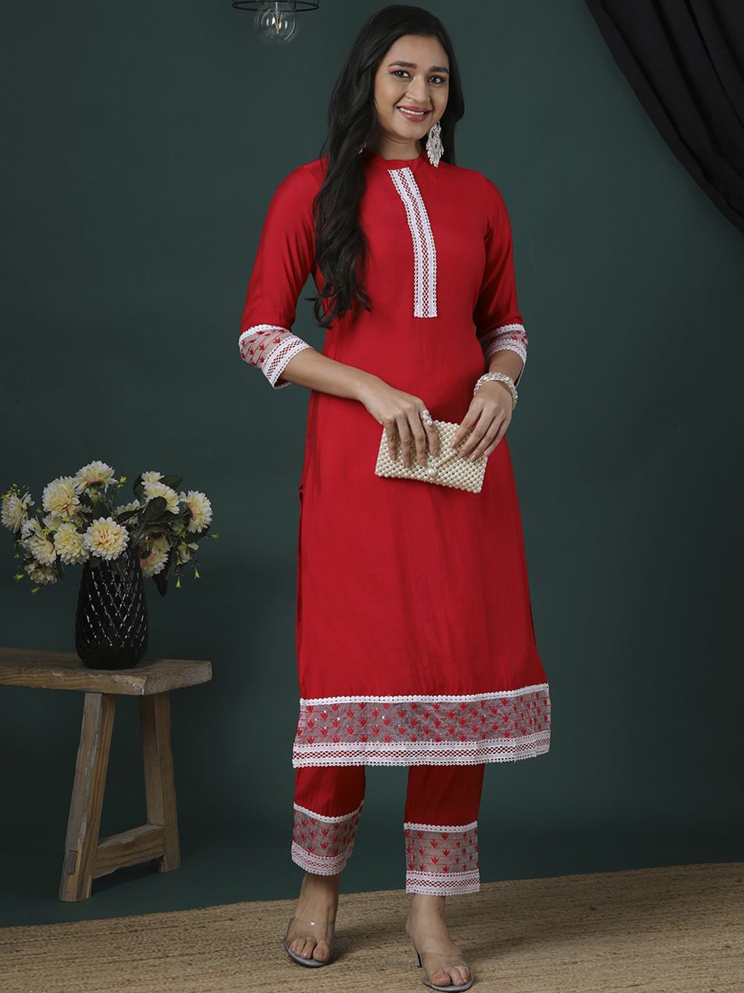 

Globus Women Floral Yoke Design Regular Thread Work Kurta with Trousers, Red