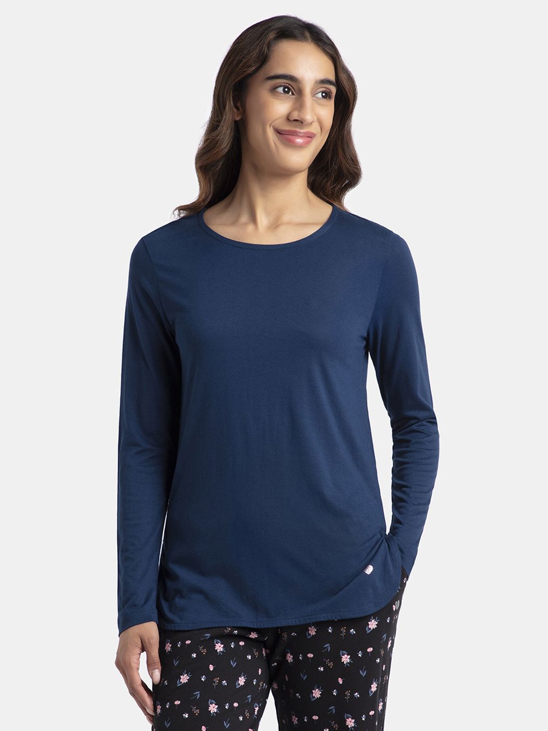 

Jockey Micro Modal Cotton Solid Round Neck Full Sleeve Tshirt with Curved Hem Styling-RX21, Blue