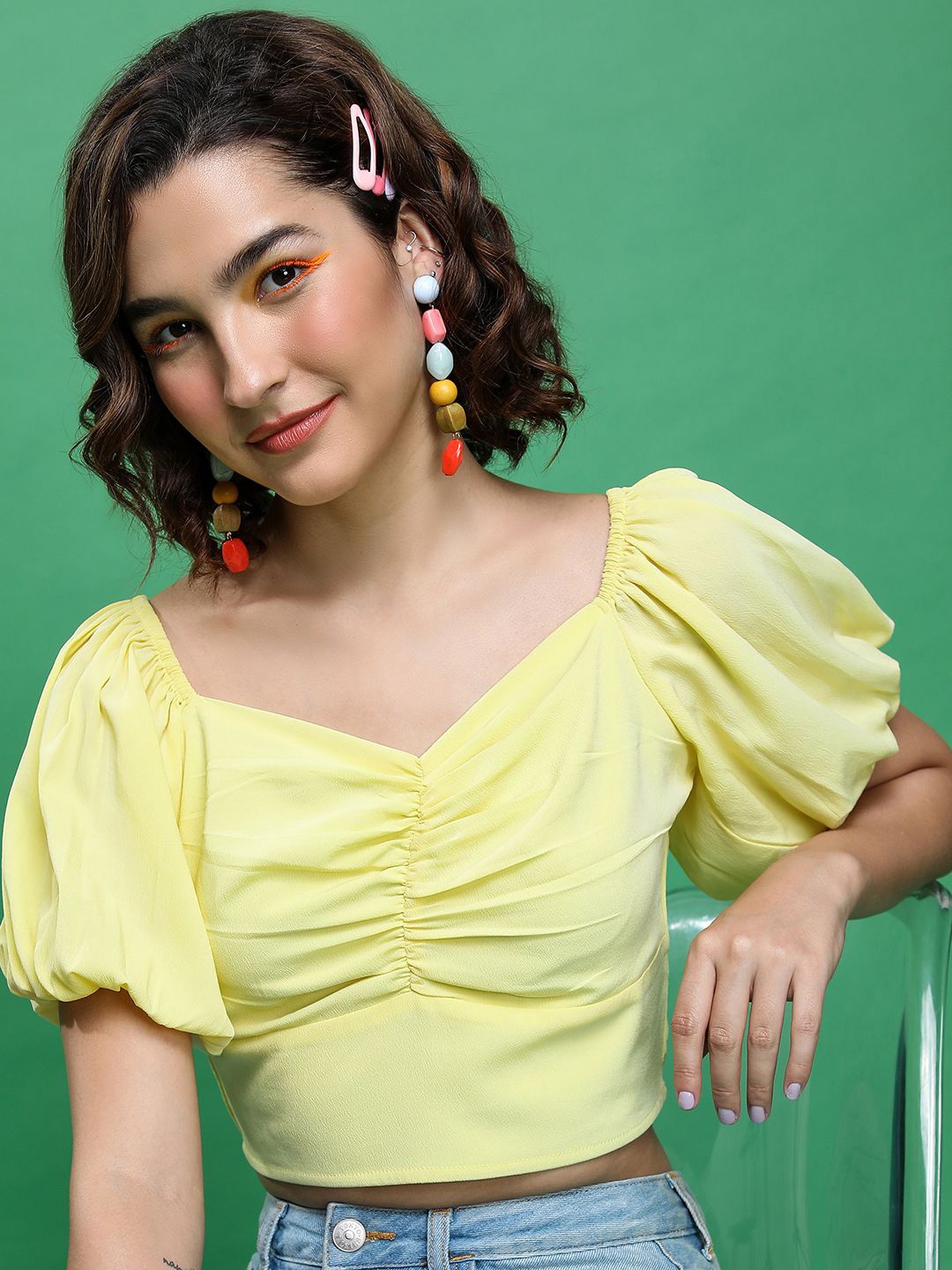 

Tokyo Talkies Sweetheart Neck Puff Sleeve Crop Top, Yellow