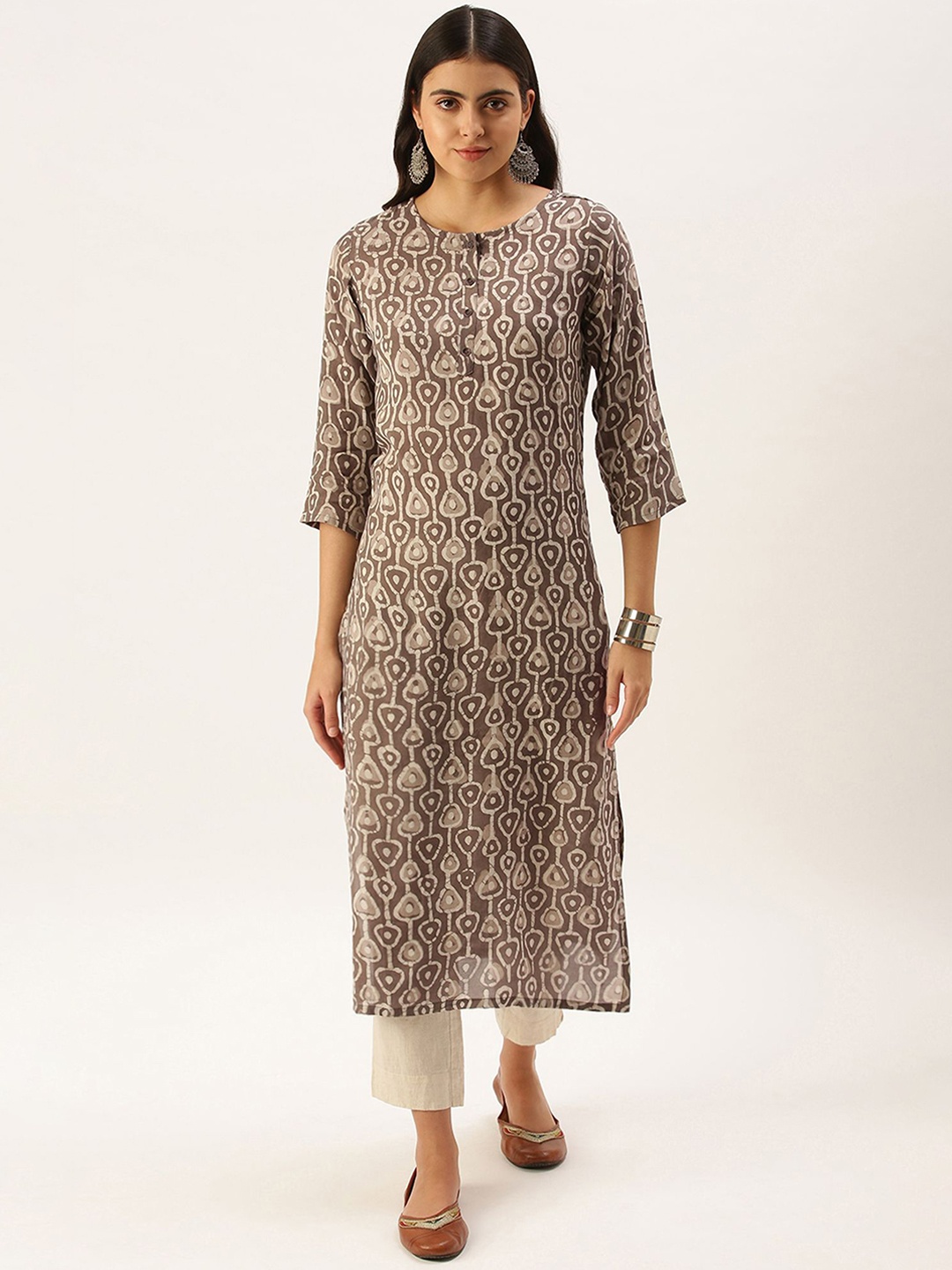 

HRITIKA Women Printed Keyhole Neck Flared Sleeves Handloom Kurta, Brown