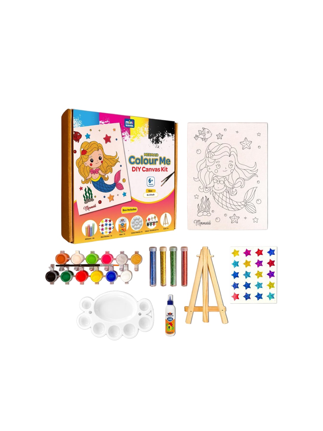 

Mini Leaves Mermaid Canvas DIY Art Kit - Easel Paints Glitters & Brush for Kids 6+ Yrs, Multi