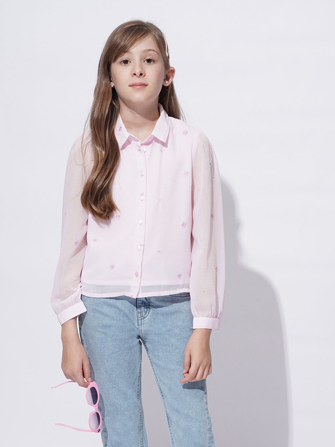

Vero Moda Girls Spread Collar Solid Relaxed Fit Party Shirt, Pink