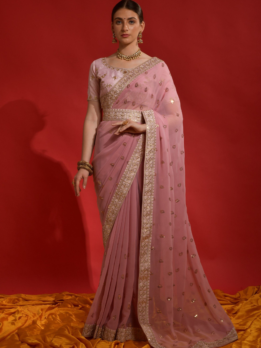 

Mitera Embroidered Sequinned Ethnic Motifs Saree, Peach