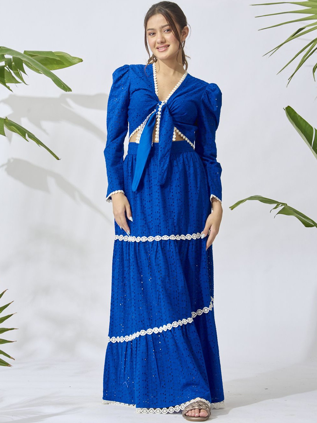 

Risate Embroidered Pure Cotton Top With Skirt Co-Ords, Blue