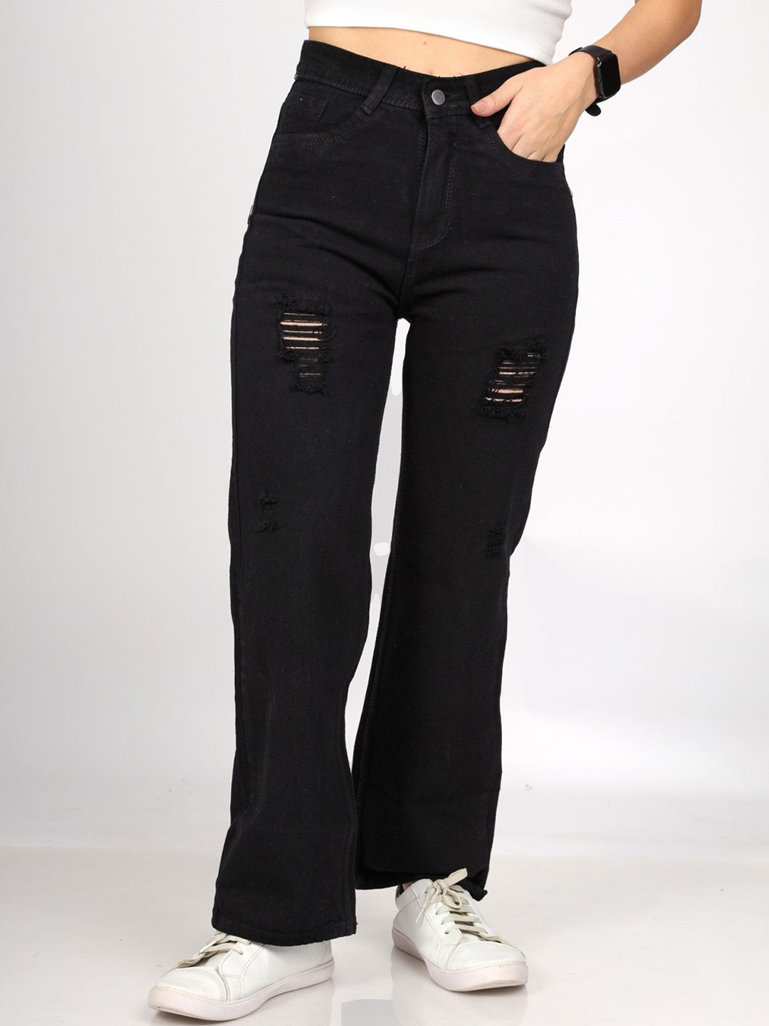 

DLOB Women Straight Fit High-Rise Mildly Distressed Jeans, Black
