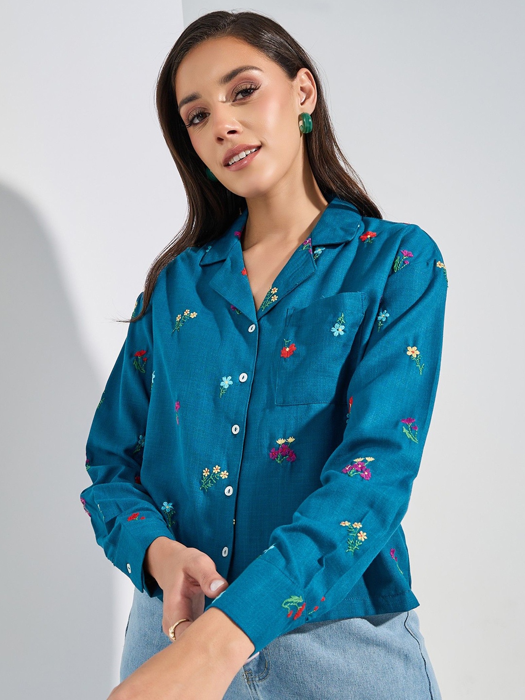 

Styli Women Opaque Printed Casual Shirt, Teal
