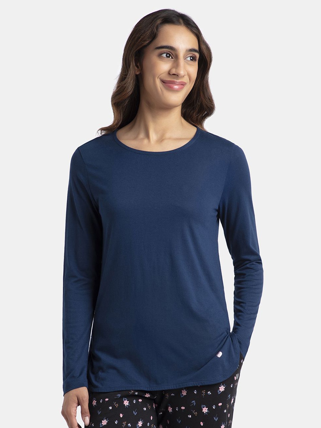 

Jockey Micro Modal Cotton Solid Round Neck Full Sleeve Tshirt with Curved Hem Styling-RX21, Blue