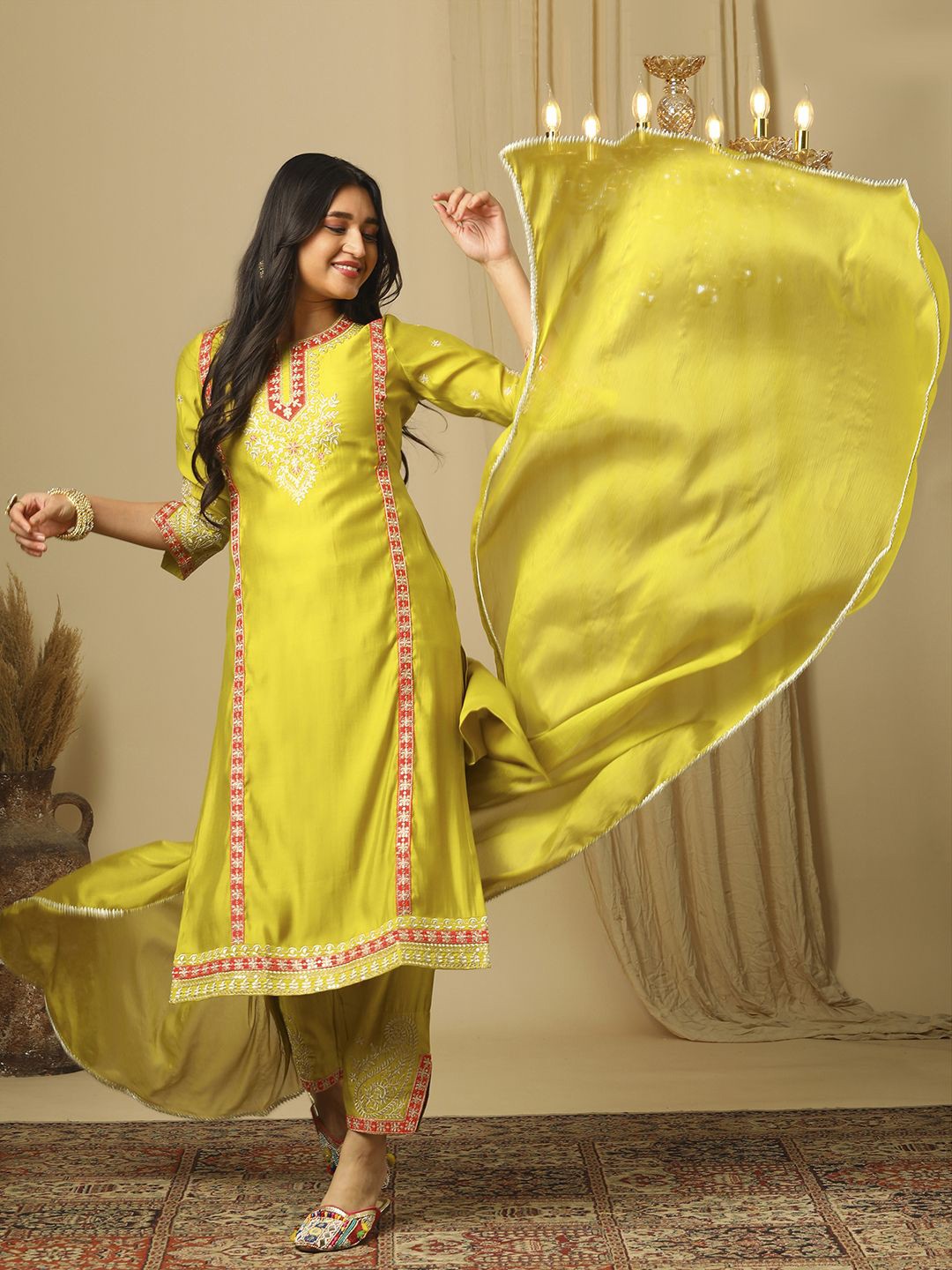 

Globus Women Floral Embroidered Panelled Kurta with Trousers & With Dupatta, Lime green