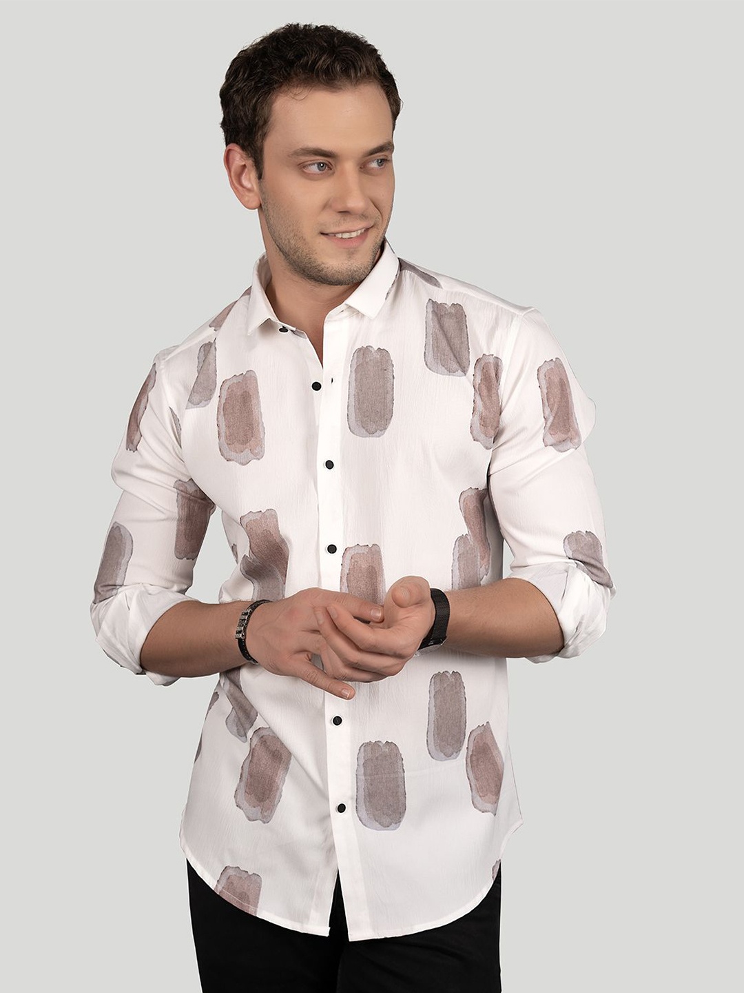 

ALMATY Men Comfort Slim Fit Opaque Printed Party Shirt, White