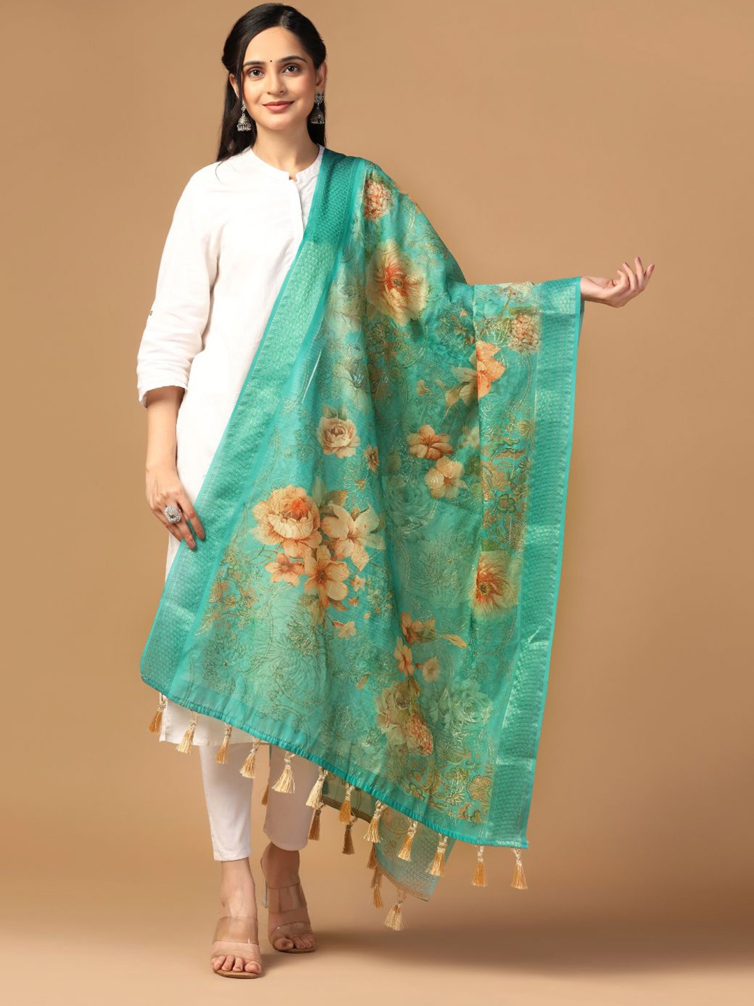 

Kaizen TEXO FAB Floral Printed Chaderi Duppatta, Sea green