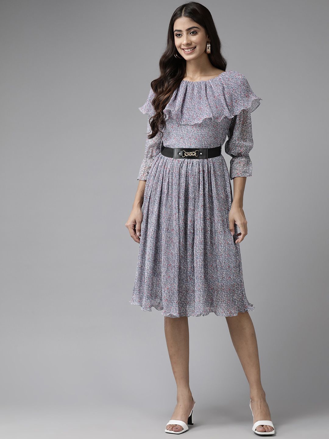 

BAESD Floral Print Puff Sleeve Georgette A-Line Dress, Grey