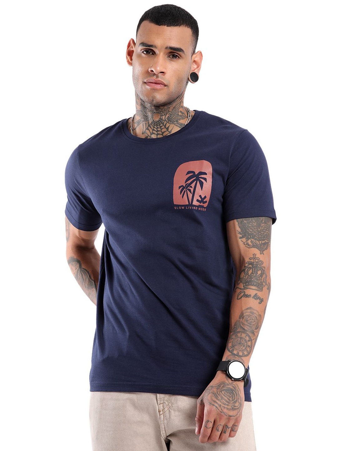 

WROGN Slow Living Graphic Printed Slim Fit Cotton T-shirt, Navy blue