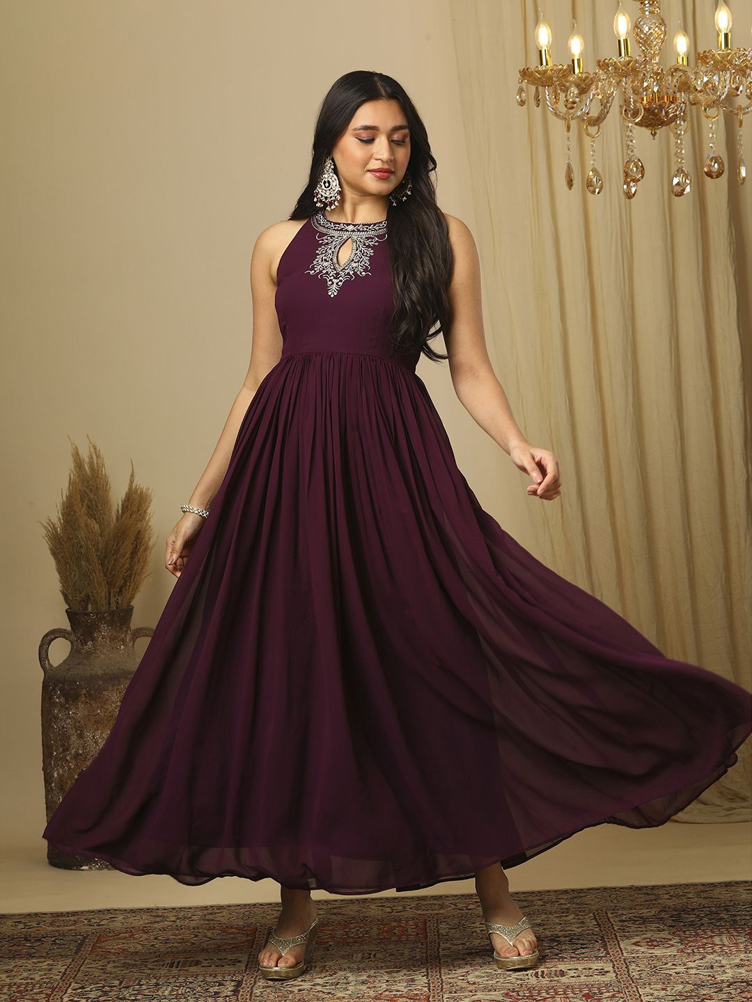 

Globus Embroidered Flared Maxi Ethnic Dress, Purple