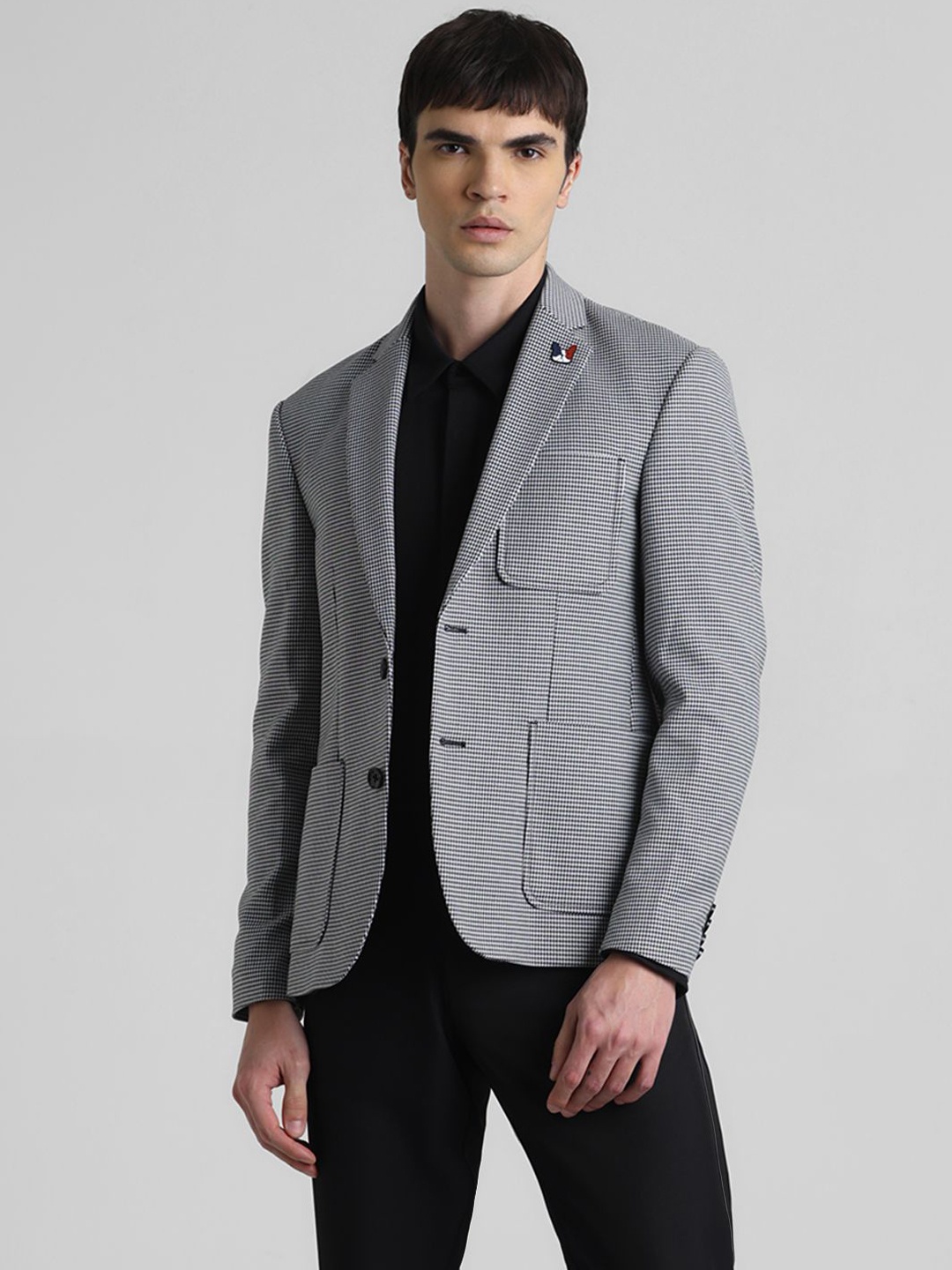 

Jack & Jones Checked Single-Breasted Slim-Fit Casual Blazer, Black