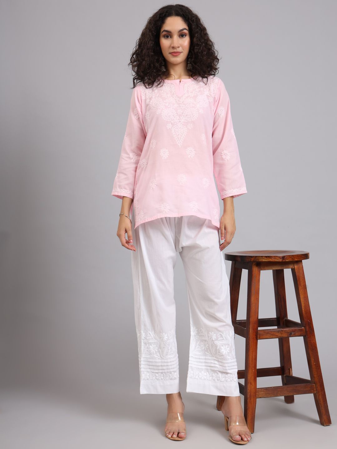 

The Chikan Label Women Ethnic Motifs Chikankari Embroidered Handloom Ethnic Palazzos, White