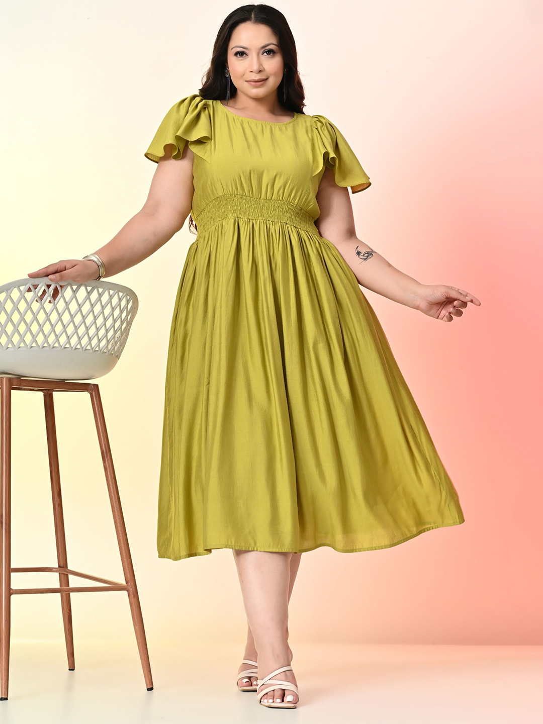 

PrettyPlus by Desinoor.com Plus Size Women Flutter Sleeve Formal Fit & Flare Midi Dress, Lime green