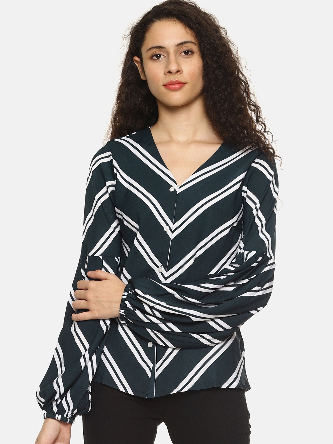 

SAHORA Women Straight Opaque Striped Casual Shirt, Green