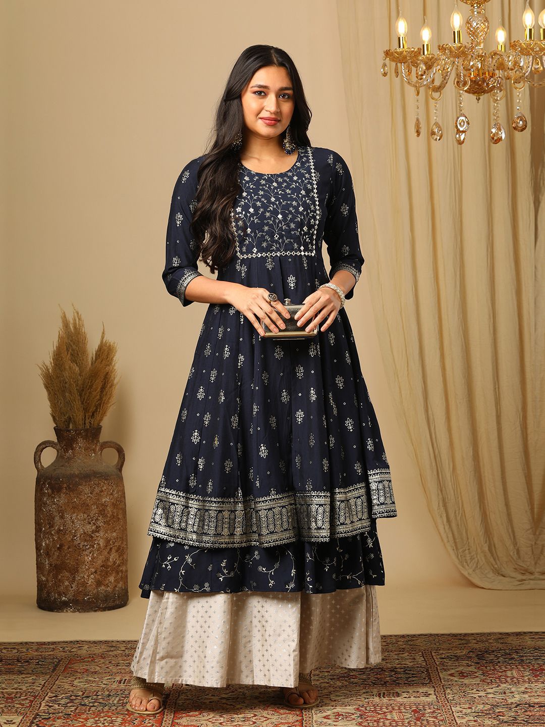 

Globus Women Ethnic Motifs Printed Flared Sleeves Block Print Anarkali Kurta, Blue