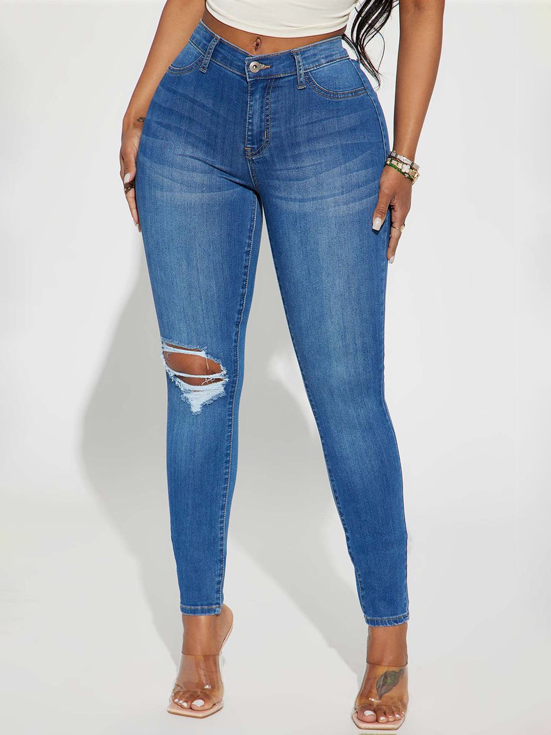 

LULU & SKY Women Skinny Fit High-Rise Slash Knee Light Fade Jeans, Blue