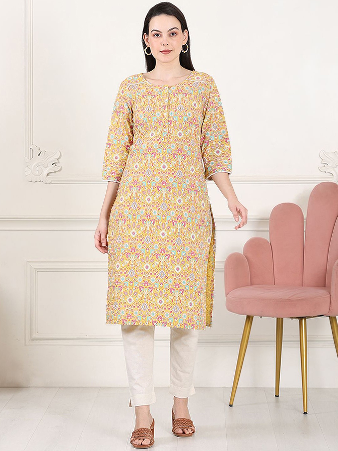 

W Women Floral Printed Flared Sleeves Sequinned Kurta, Peach