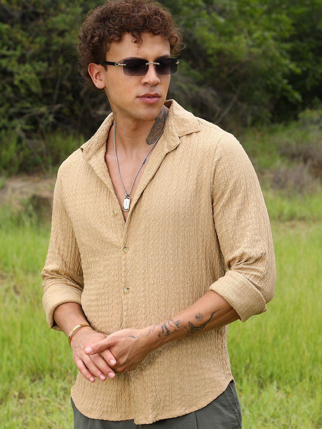 

Campus Sutra Men Comfort Popcorn Texture Casual Shirt, Beige