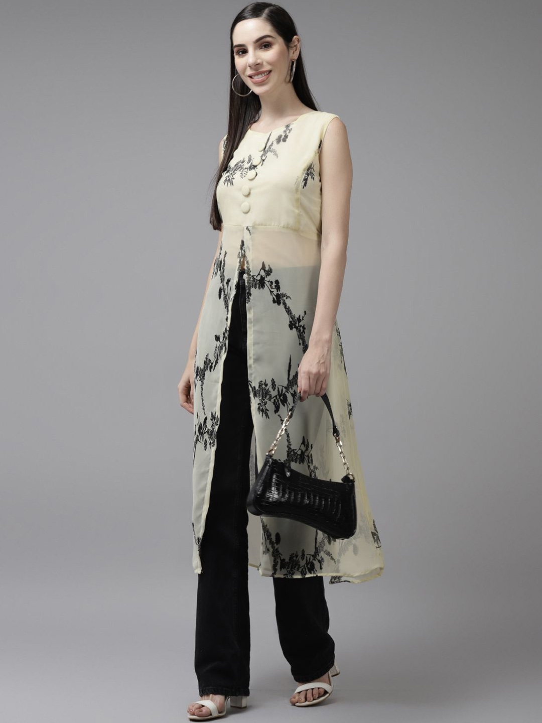 

BAESD Floral Print Georgette Maxi Longline Top, Green