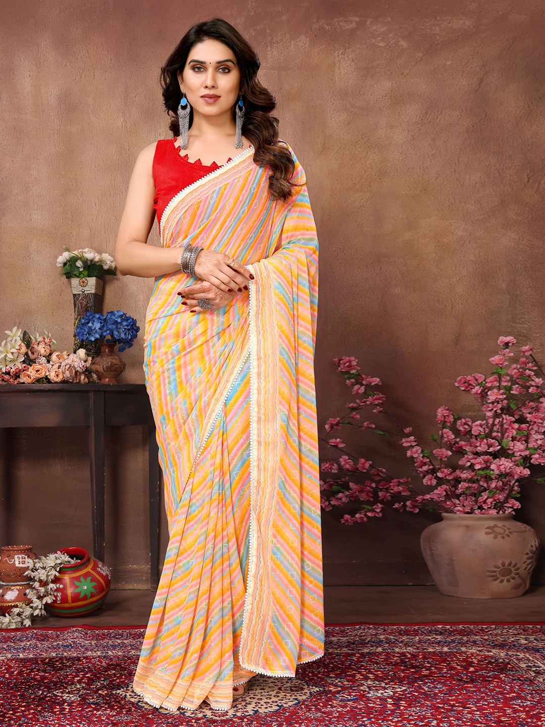 

bansari textiles Striped Gotta Patti Pure Georgette Ready to Wear Leheriya Saree, Yellow