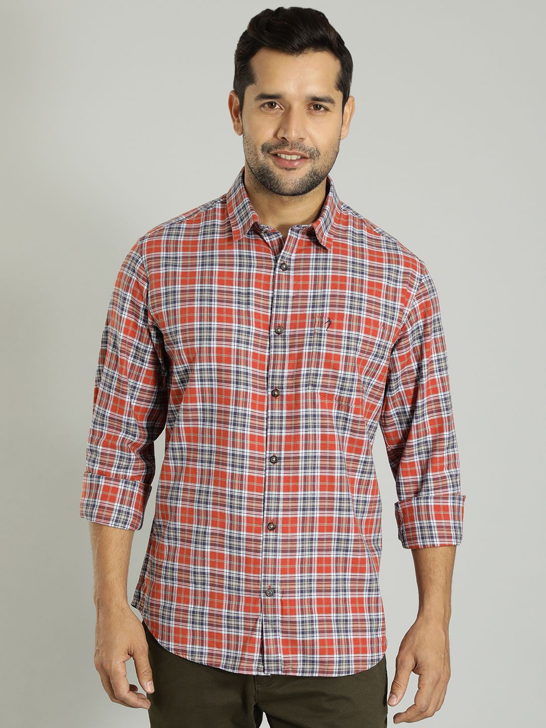 

Indian Terrain Men India Slim Spread Collar Tartan Checked Cotton Slim Fit Casual Shirt, Red