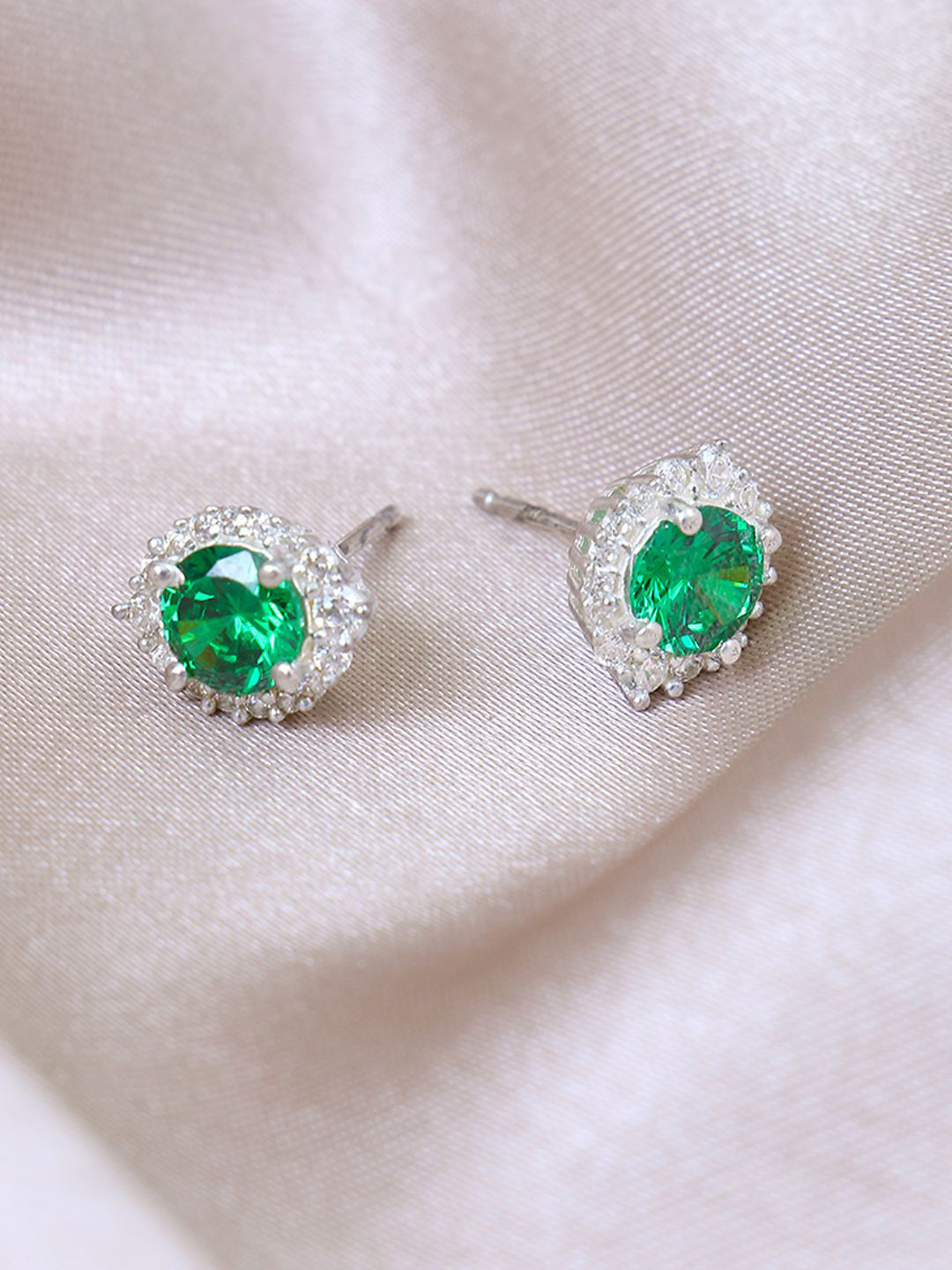 

House of Pataudi 925 Sterling Silver Zircon & Emerald Studded Studs