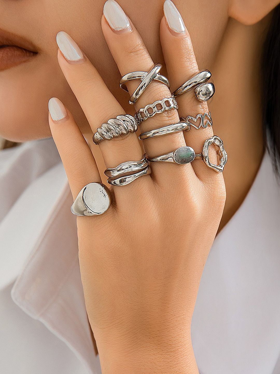 

Jewels Galaxy Set Of 10 Silver Plated Midi Adjustable Finger Rings
