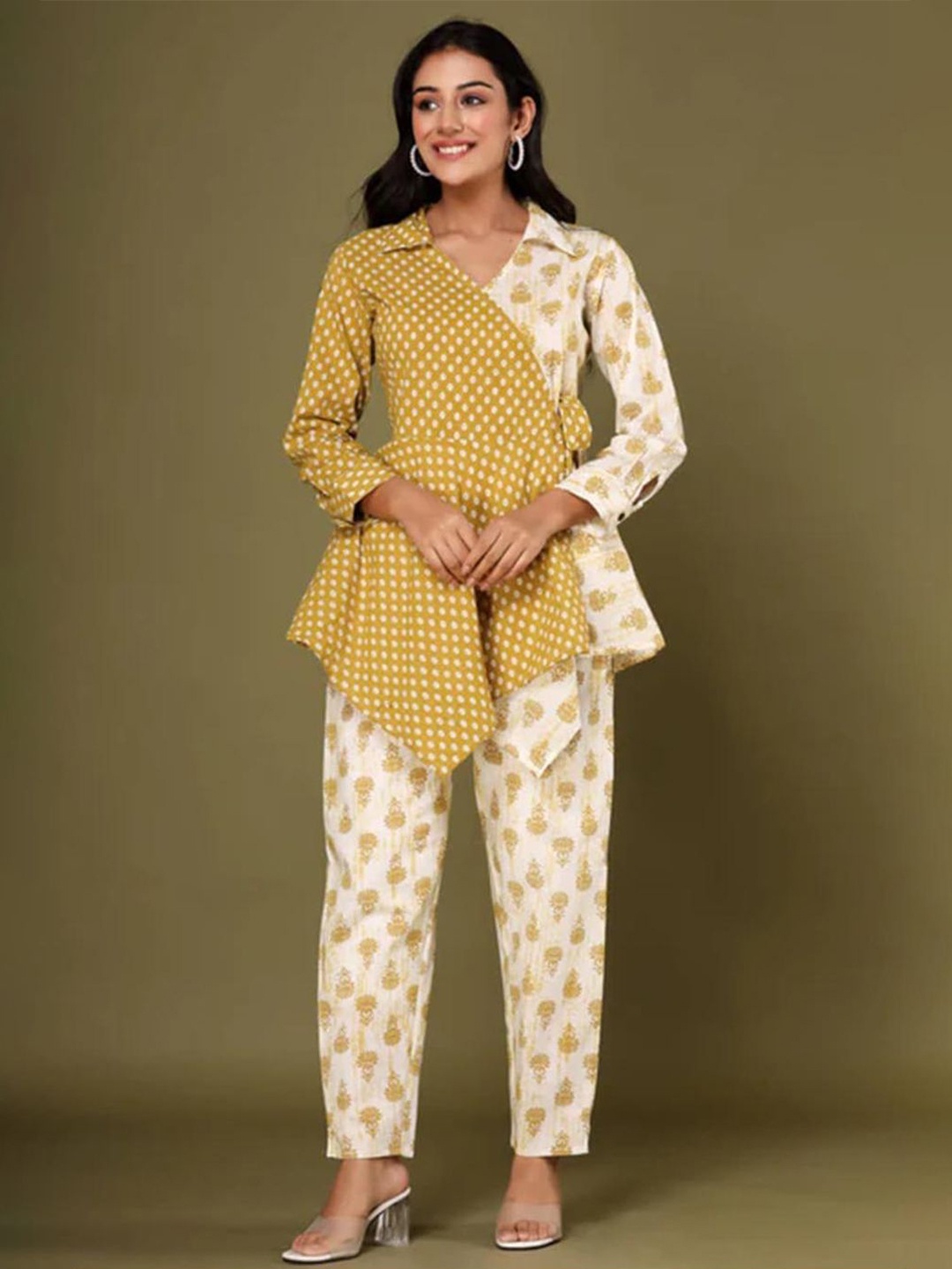 

ARAVALII Printed Pure Cotton Top With Trousers Co-Ords, Yellow