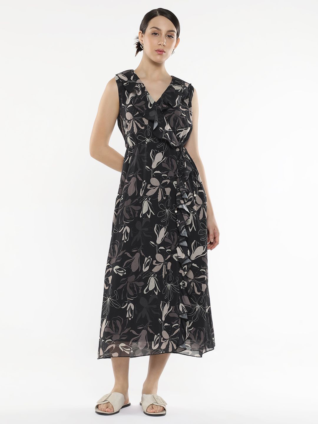 

RAREISM Floral Printed Fit & Flare Midi Ruffles Dress, Black