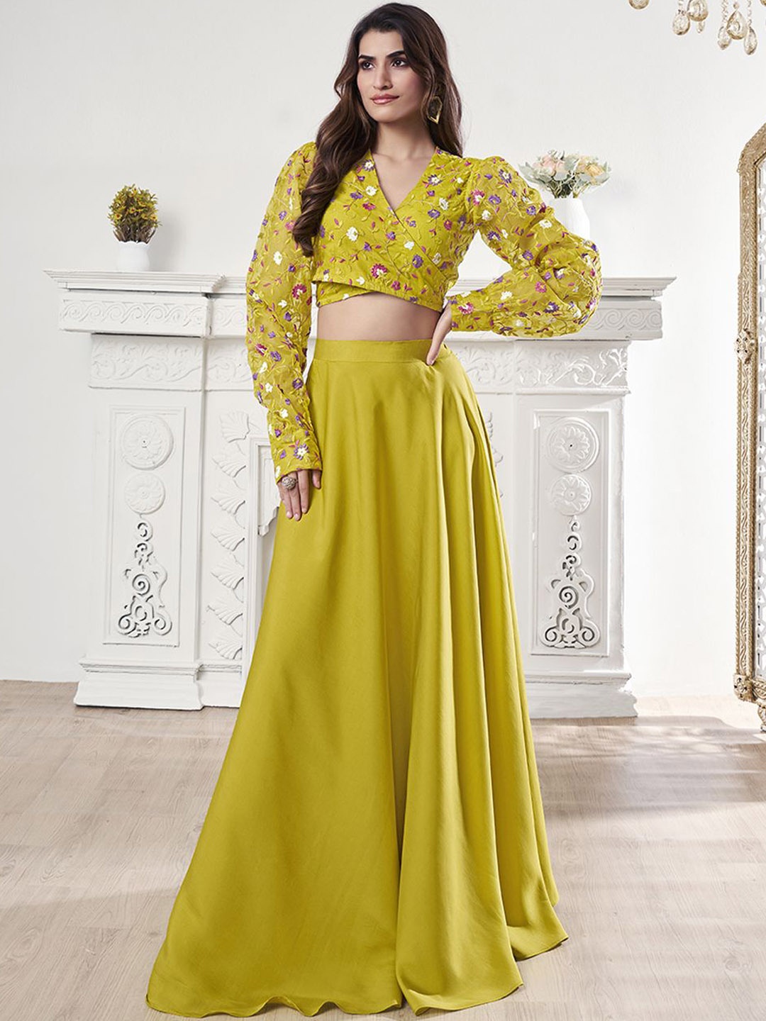 

Inddus Embroidered Organza Top & Flared Maxi Skirt Co-Ord Set, Yellow