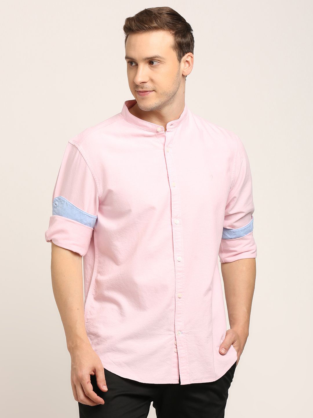 

Indian Terrain Men Classic Band Collar Solid Cotton Casual Shirt, Pink