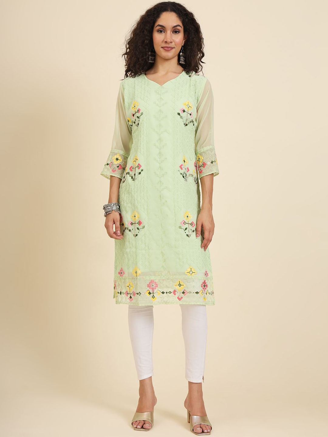 

Ekasya Women Quirky Embroidered Flared Sleeves Sequinned Georgette Kurta, Lime green