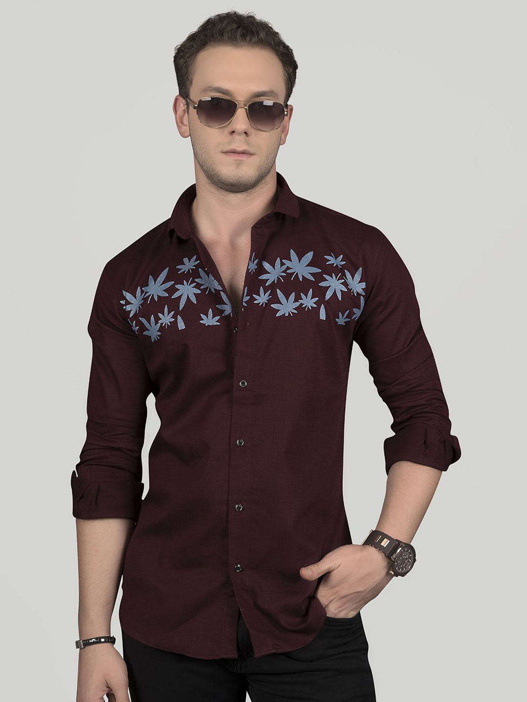 

ALMATY Men Comfort Slim Fit Floral Opaque Printed Party Shirt, Maroon