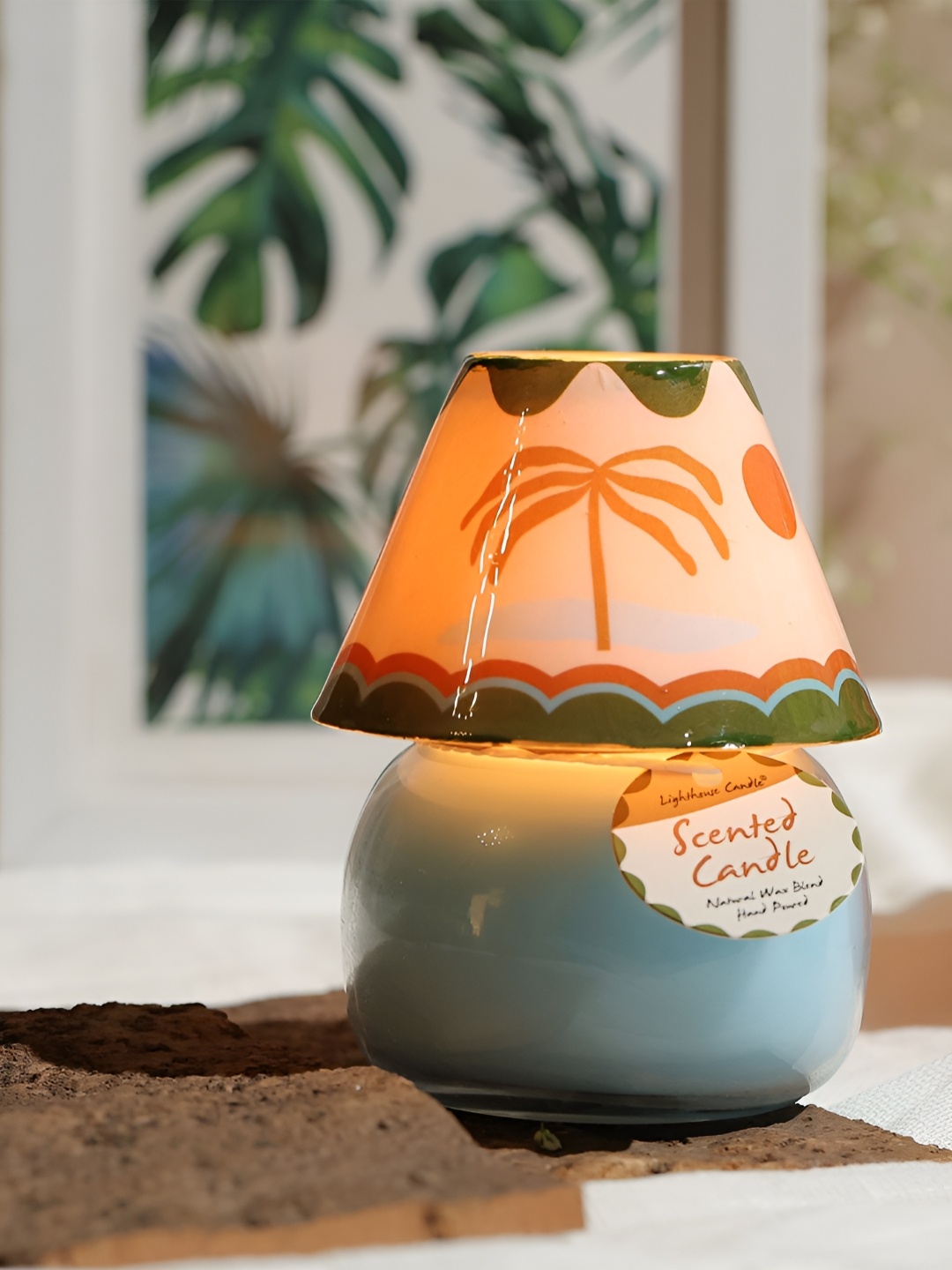 

LIGHTHOUSE CANDLE Blue & Pink Tropical Paradise Printed Gardenia Scented Glass Lamp Candle