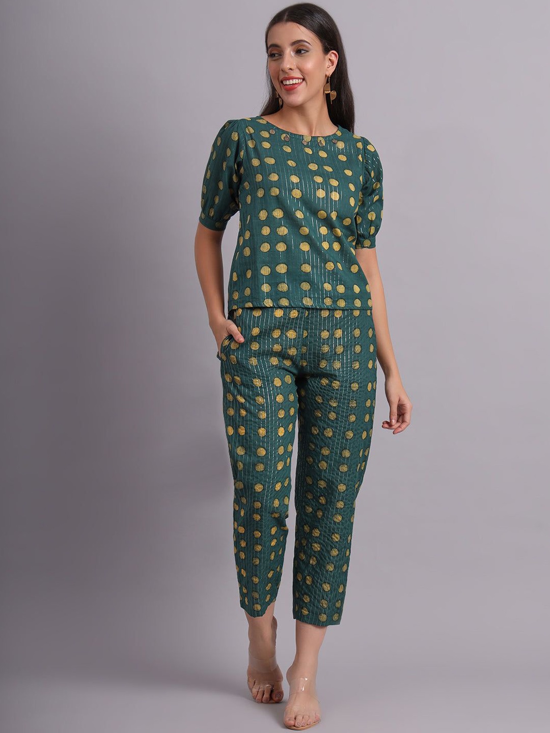 

KALINI Printed Round Neck Top With Trousers Co-Ords, Green