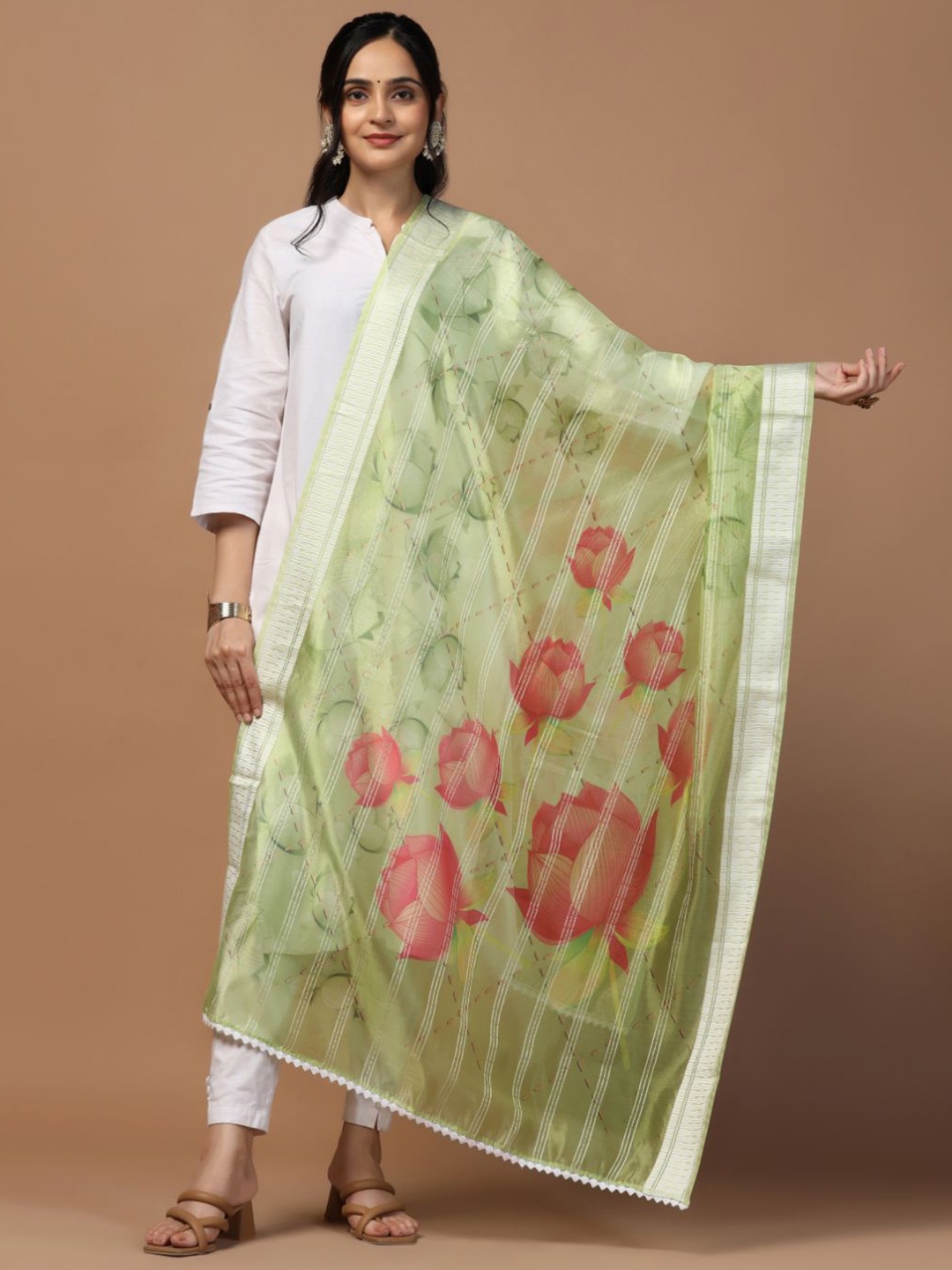 

Kaizen TEXO FAB Floral Printed Organza Khadi Silk Dupatta, Green