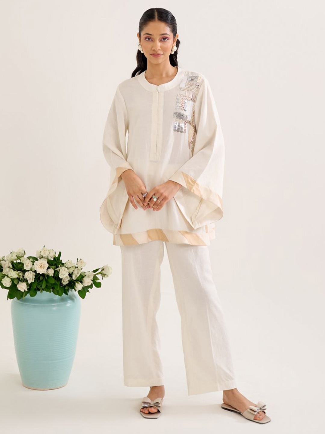 

Siyona by Ankurita Embellished Top With Trouser Co-Ords Set, Off white