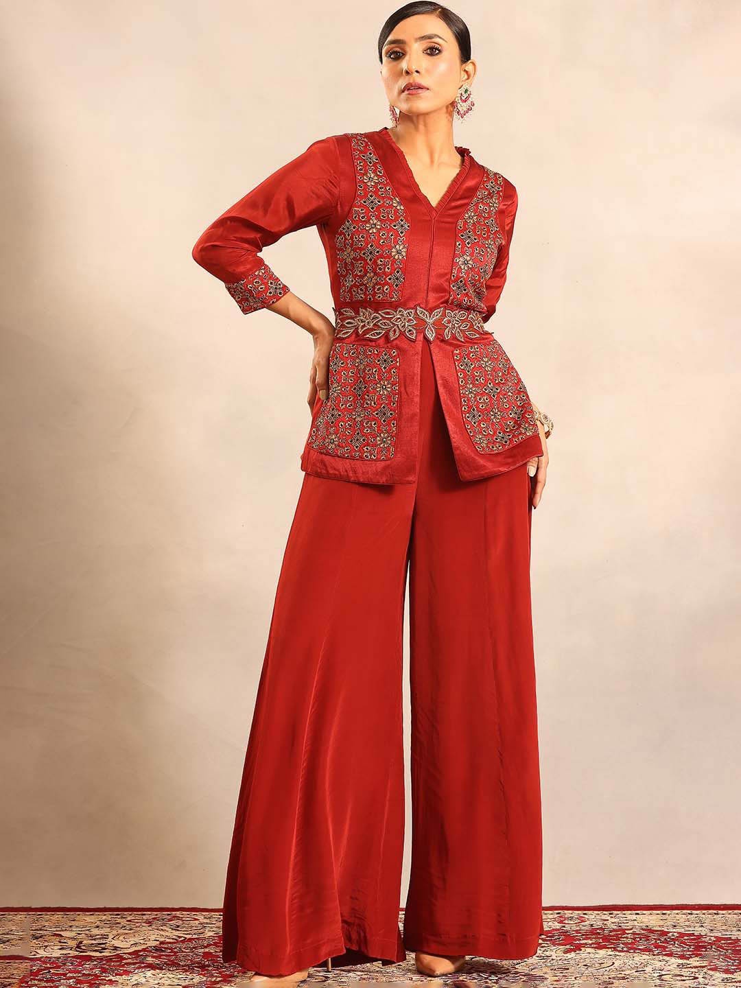 

Sejal Kamdar Embellsihed Top With Palazzo Co-Ords, Red