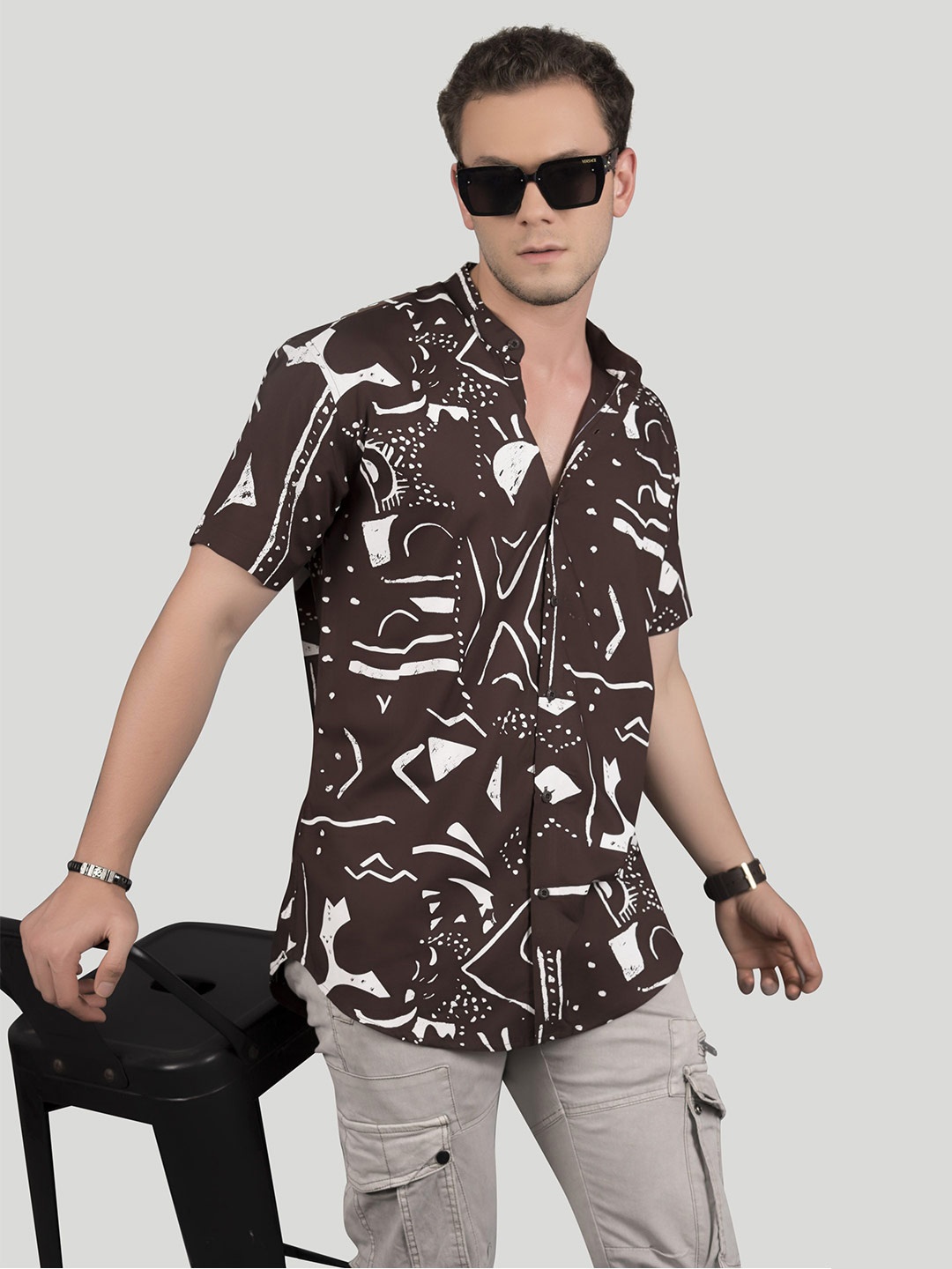 

ALMATY Men Comfort Slim Fit Opaque Printed Party Shirt, Brown