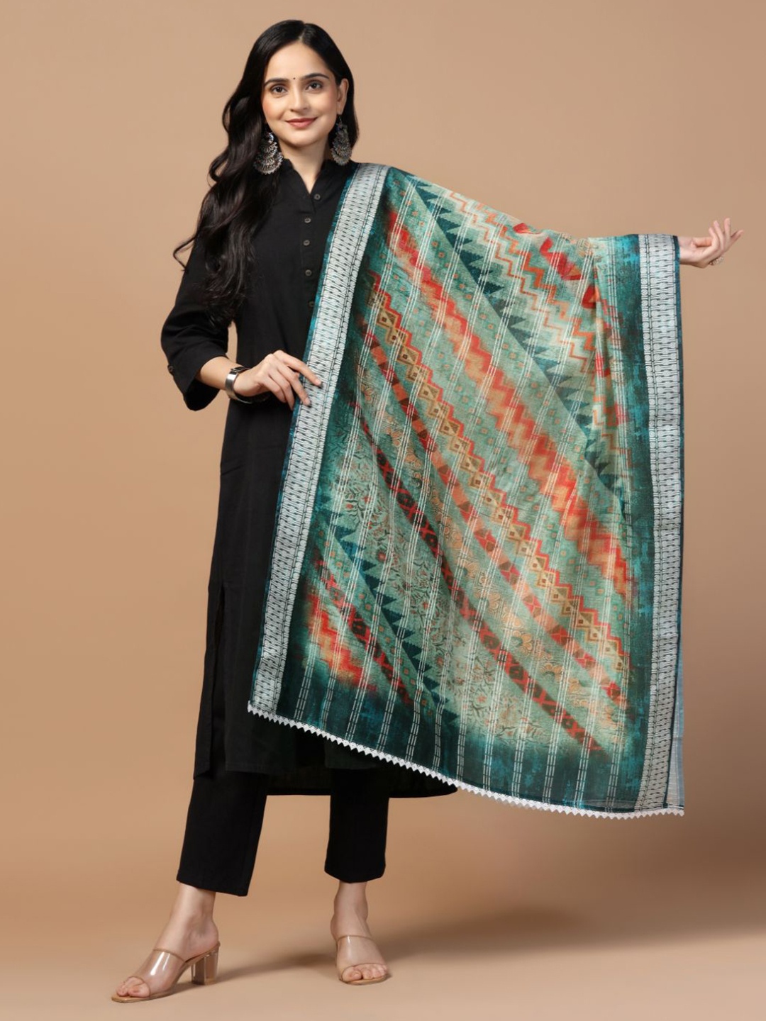 

Kaizen TEXO FAB Ethnic Motifs Printed Chanderi Cotton Dupatta, Green