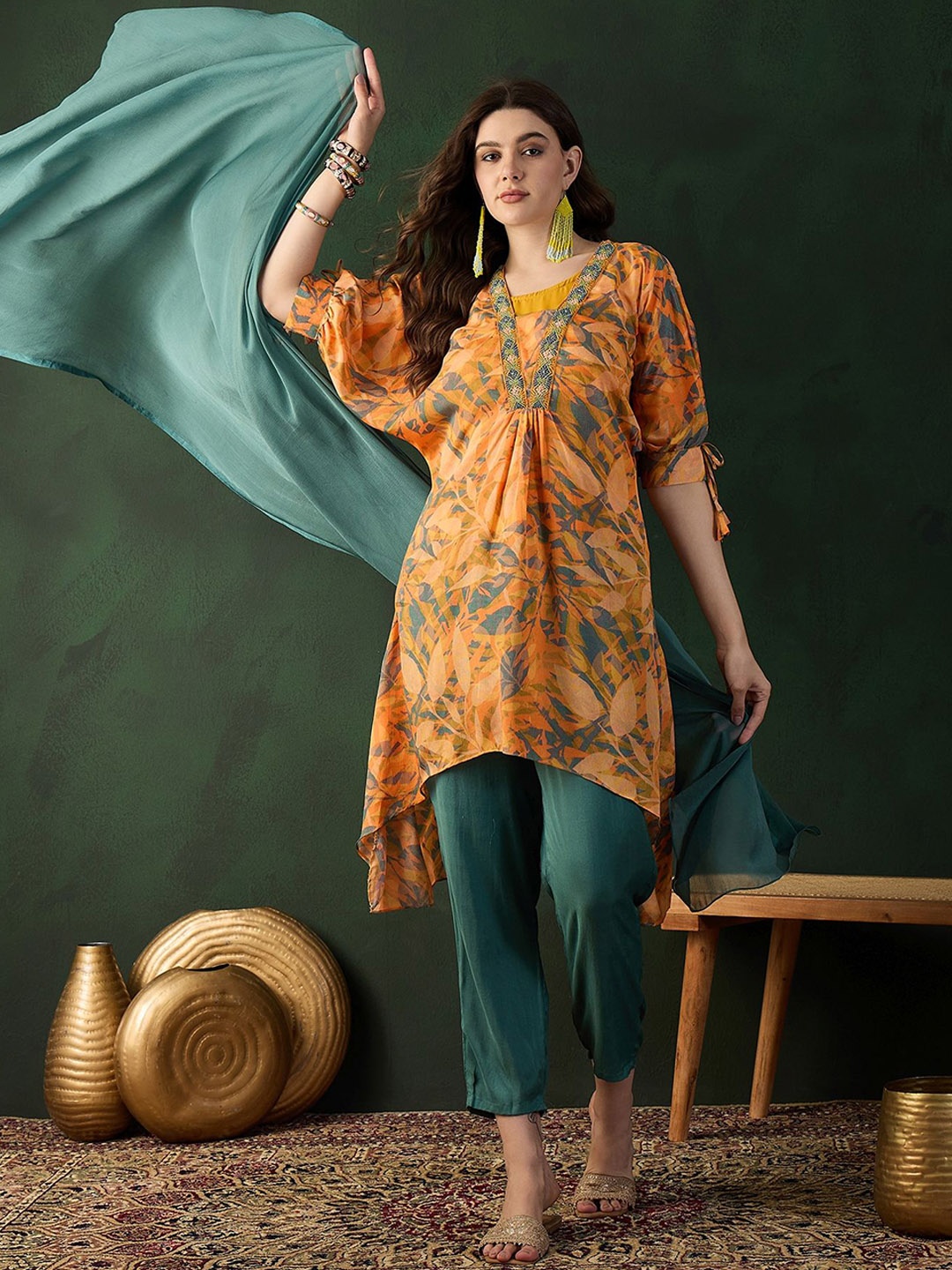 

Sangria Printed Fancy Neck Kurta & Trouser With Dupatta, Orange