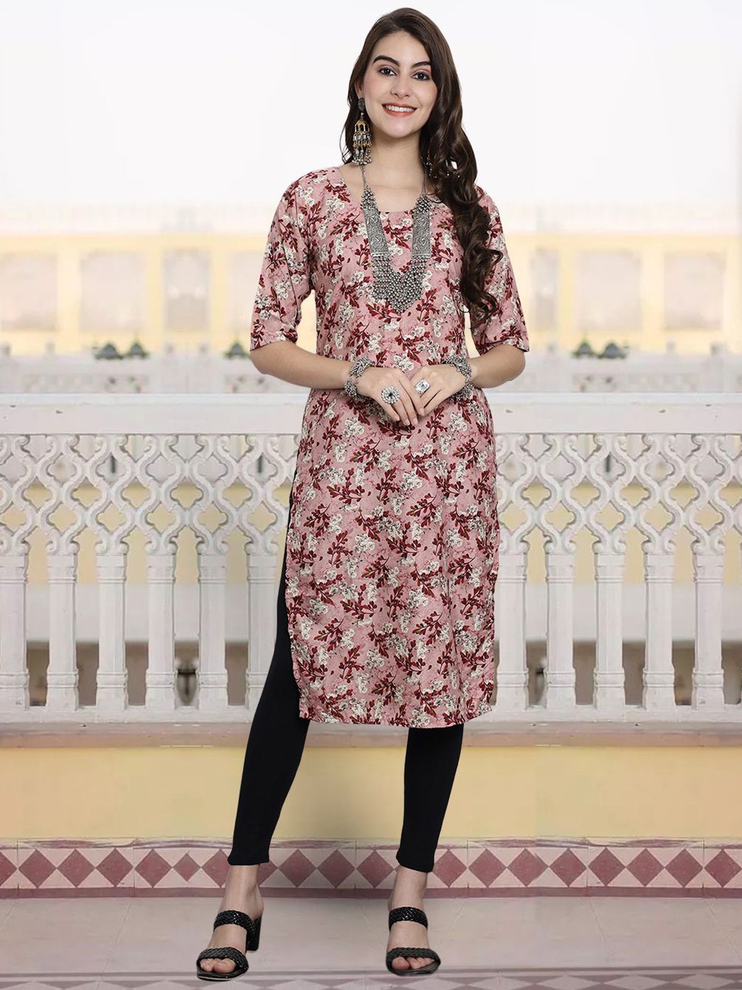 

7Threads Women Floral Printed Sequinned Floral Crepe Kurta, Multi
